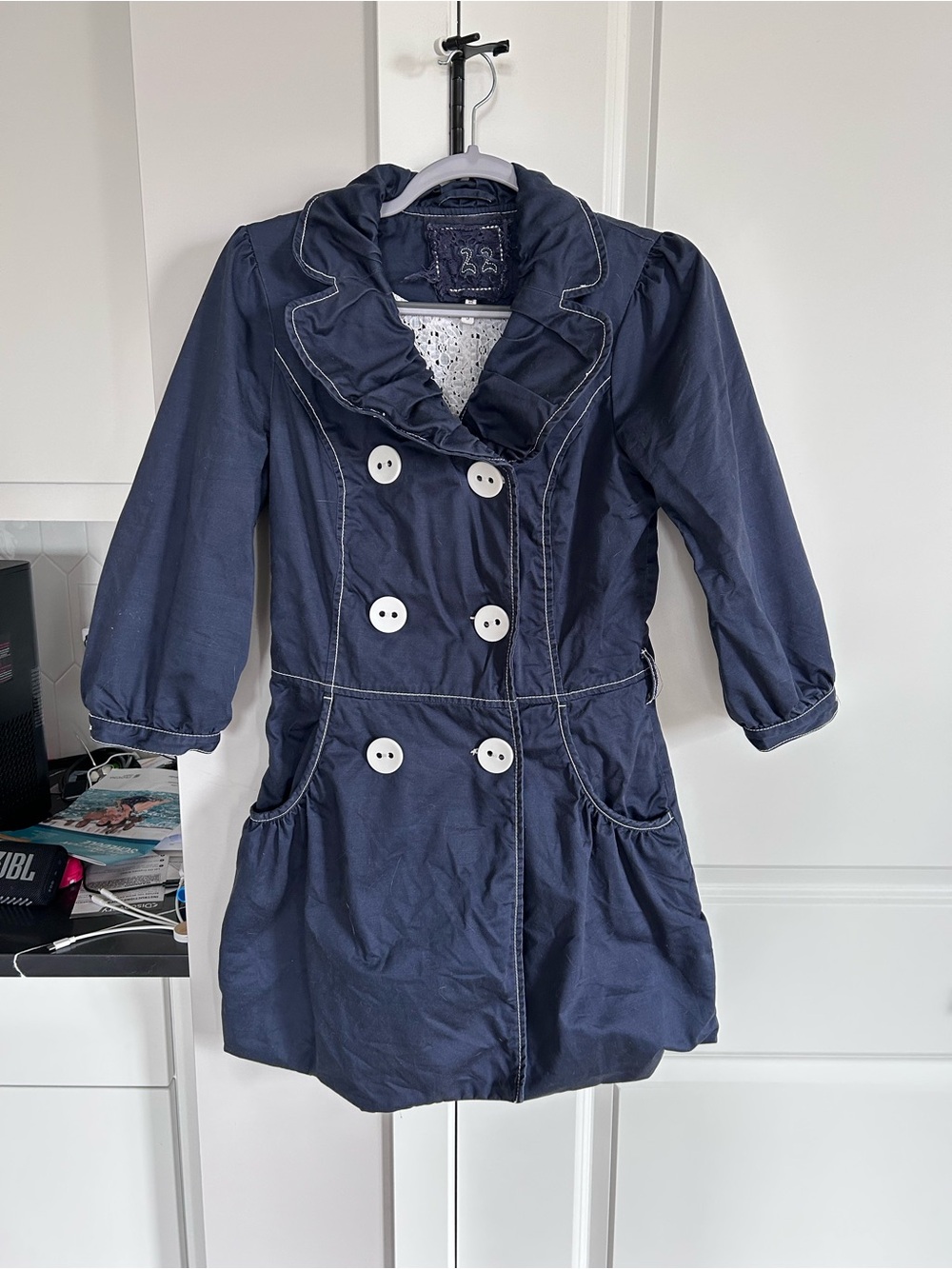 22 Navy Blue Trench Coat Ruffle Collar Double Breasted Vintage Inspired Preppy